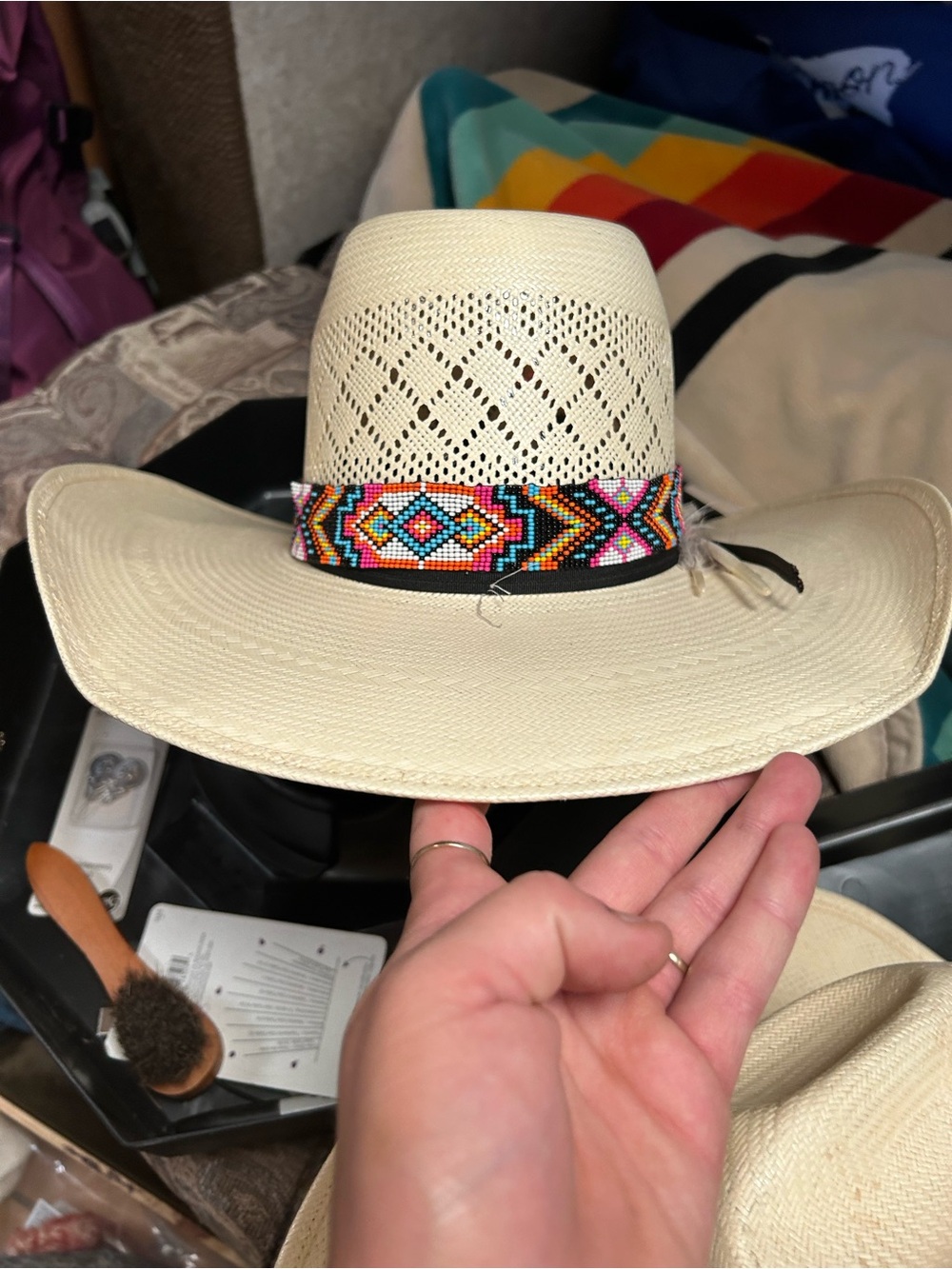 Straw Wide-Brim Hat with Colorful Beaded Band - Cream